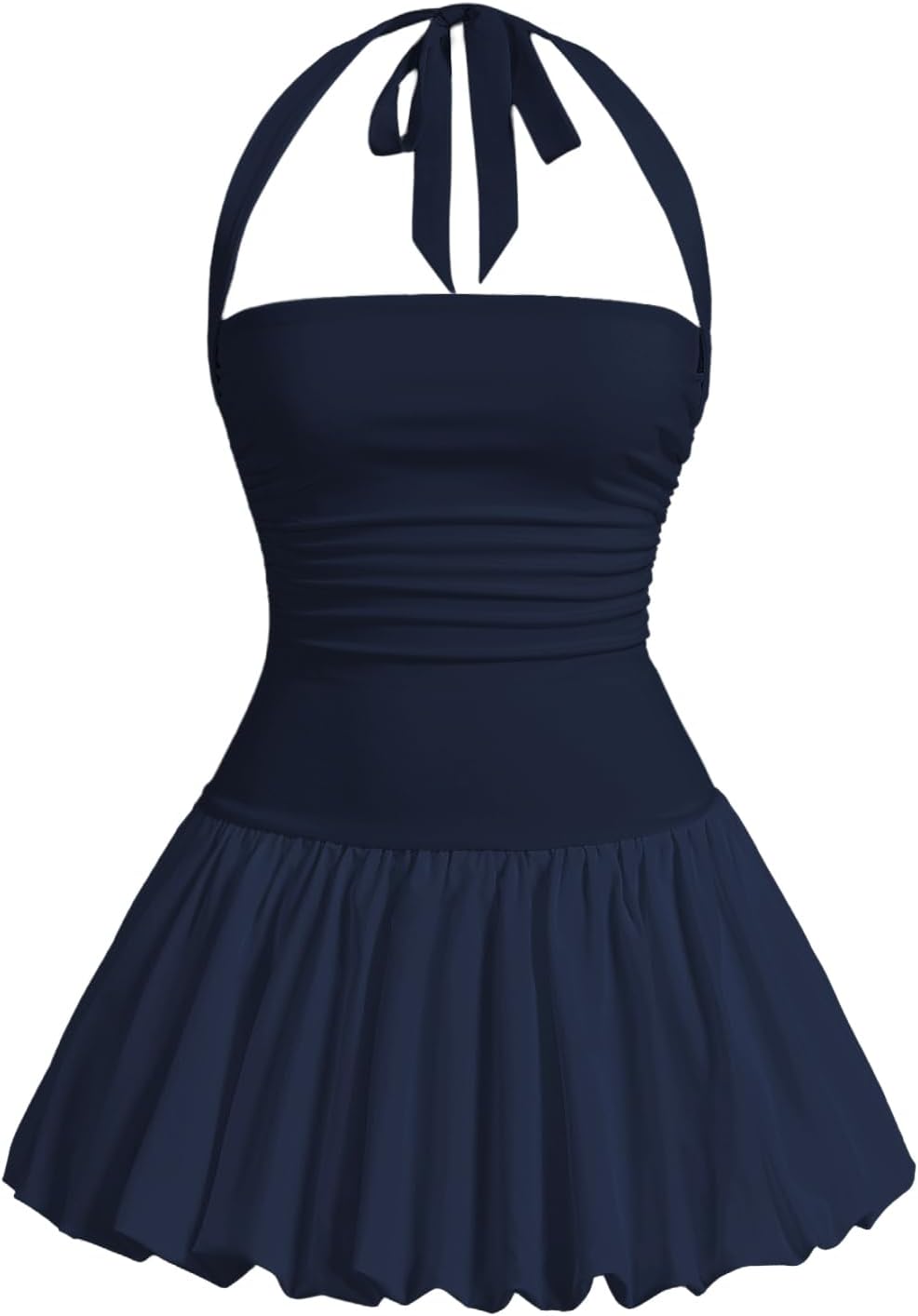 Women Bubble Mini Dress  Halter Backless Club Party Graduation Short Dresses with Shorts Underneath