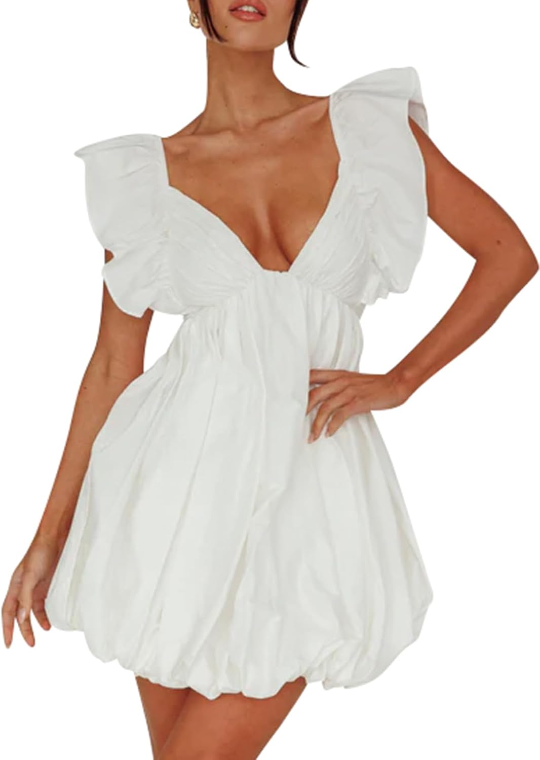Summer Mini Dress Deep V-Neck Babydoll Dress Bubble Dress Backless Lace Up Sexy Short Dress