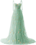 Women Puffy Sleeve Prom Dresses Flower Embroidery Tulle Formal Evening Party Gowns