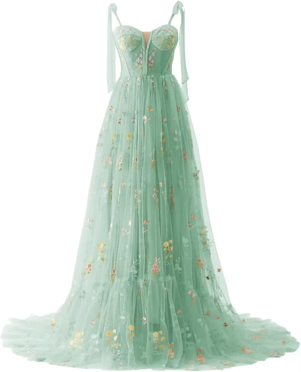 Women Puffy Sleeve Prom Dresses Flower Embroidery Tulle Formal Evening Party Gowns