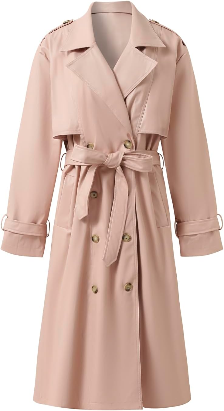 Women Double Breasted Trench Coats Classic Lapel Collar Overcoat Long Jacket with Belt