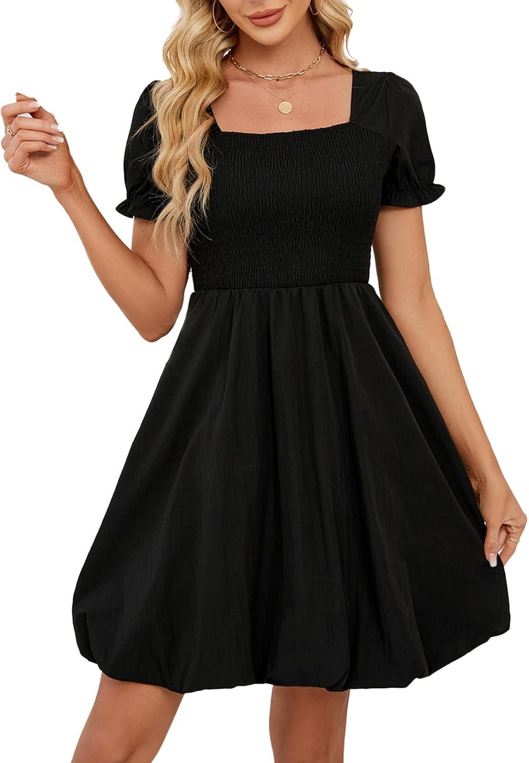 Women Summer Bubble Dresses  Trendy Casual Short Sleeves Square Neck Cute Aline Tiered Sundresses with Pockets