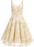Tulle Flower Embroidered Dress Women Floral Corset Dress Sleeveless Spaghetti Strap Flower Embroidery Tulle Dress Sweetheart Prom Wedding Dress Cocktail A-Line Party Short Homecoming Dress Apricot S