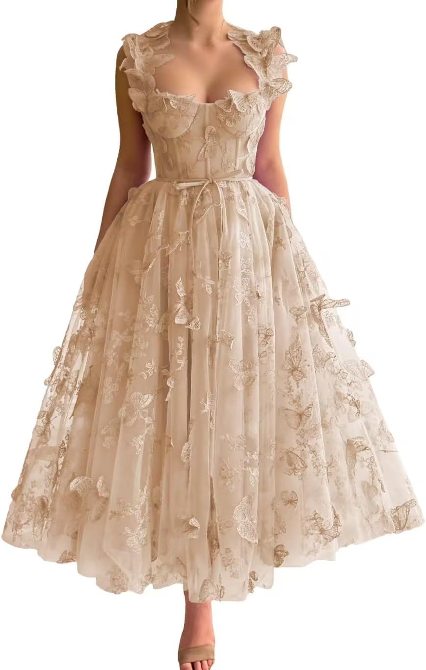 Women Tulle Prom Dresses 3D Butterflies Spaghetti Straps Evening Party Gowns Sweetheart Tea Length Butterfly Dress