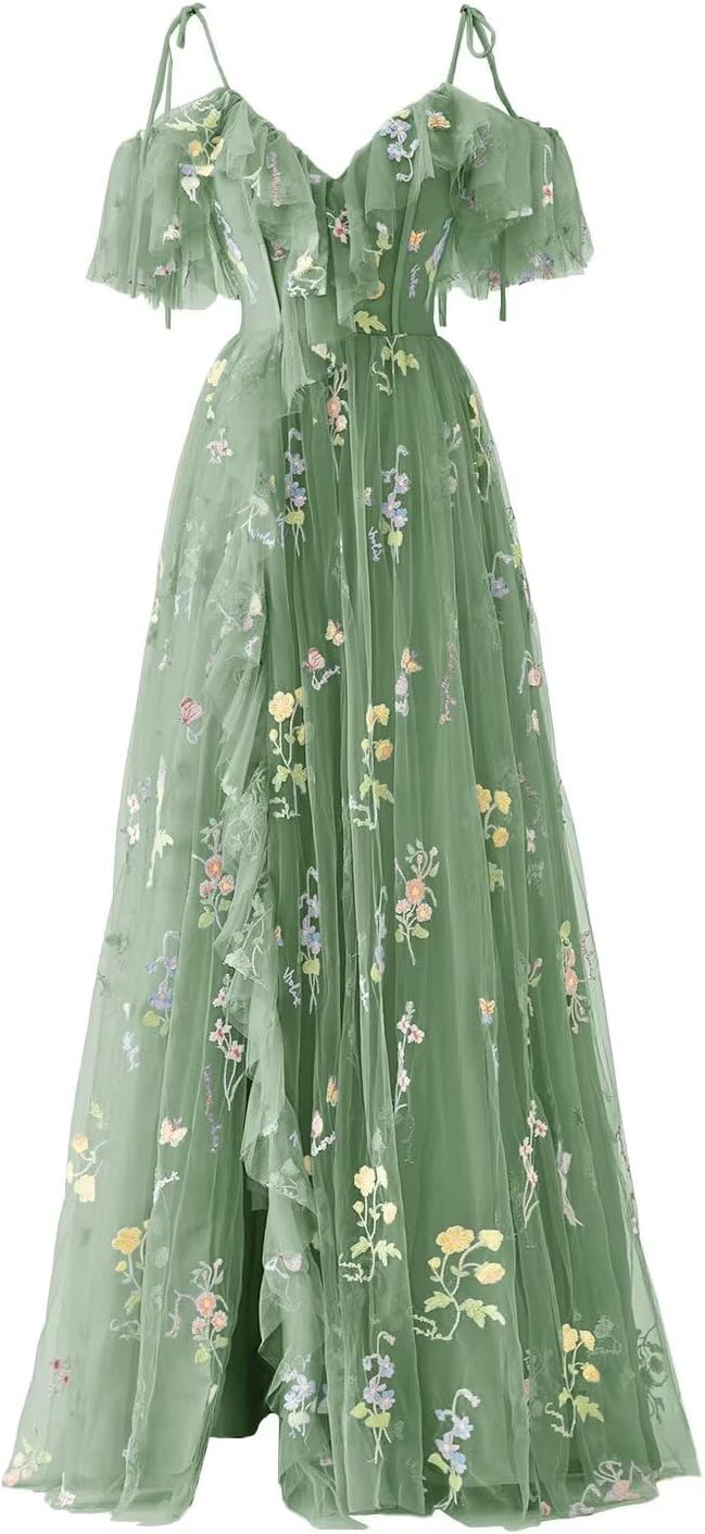 Women Flower Embroidery Tulle Prom Dresses Slit Long Spaghetti Straps V Neck Fairy Formal Evening Party Gown