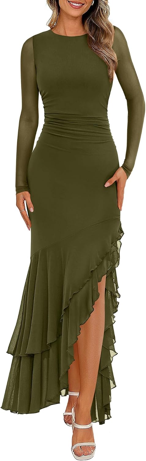 Women Maxi Dresses Spring  Long Sleeve Ruched Bodycon Solid Ruffle Mermaid Cocktail Wedding Guest Dress