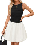 Women Summer Sleeveless Bubble Mini Dress  Boat Neck Ruched A Line Short Cocktail Party Dresses