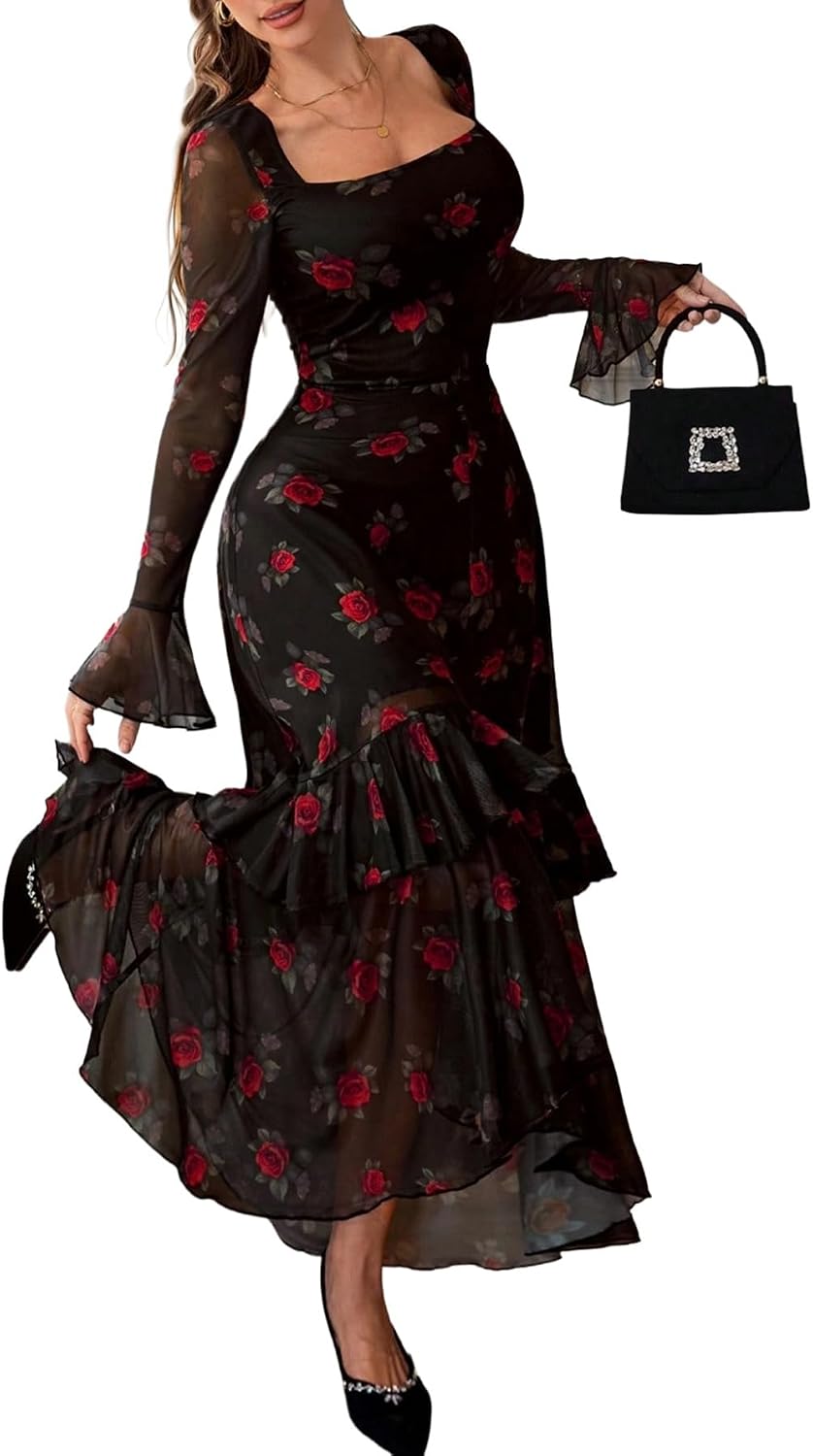 Women Floral Mesh Dress Elegant Long Sleeve Square Neck Double Layer Ruffle Hem Casual Wedding Guest Maxi Dresses