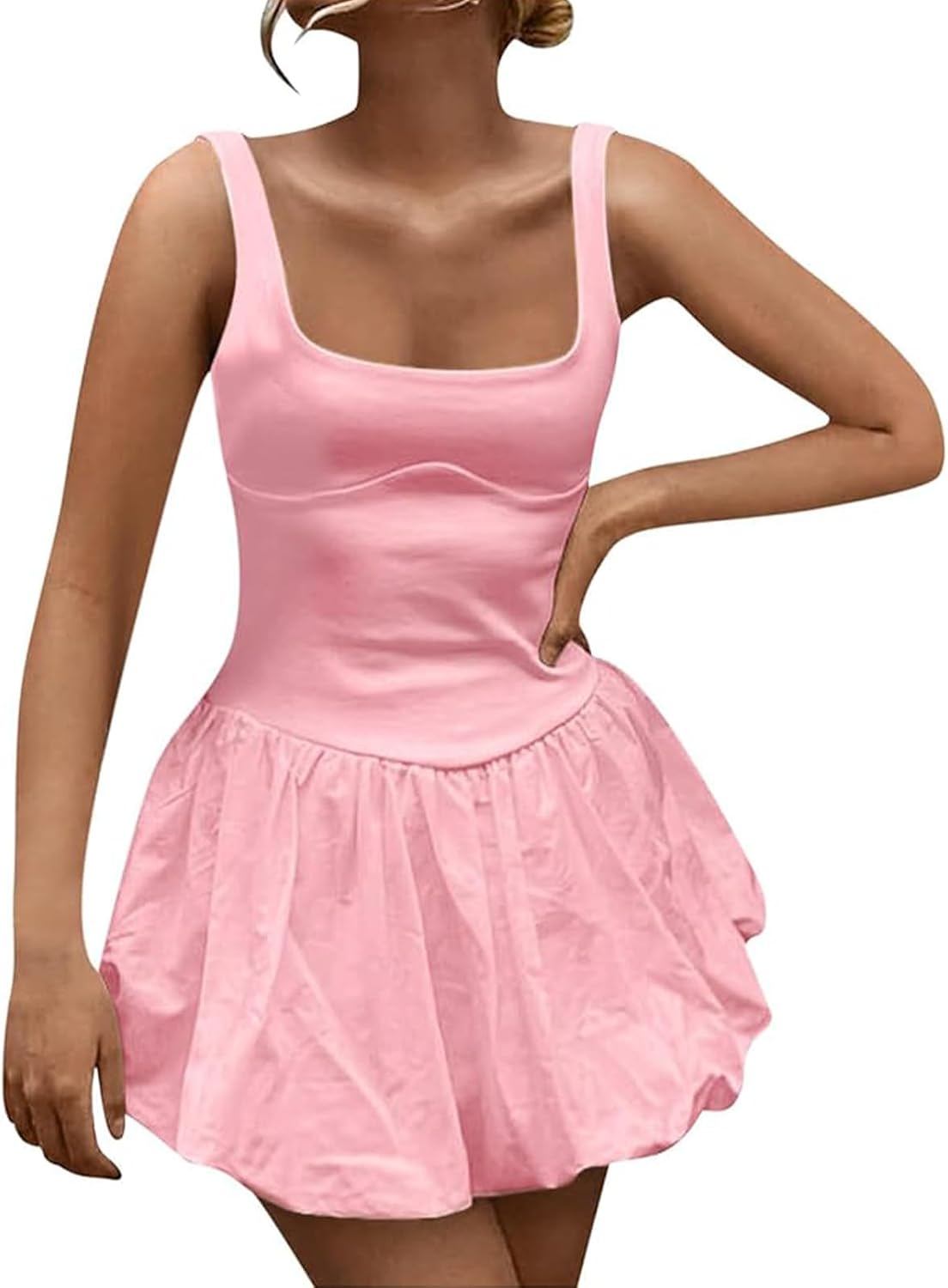 Women Puffy Bubble Hem Mini Dress Sleeveless Sexy Summer Going Out Clubwear