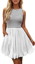 Women Casual Bubble Mini Dress with Pockets Sleeveless Bubble Hem Striped Tank Short Dresses Summer