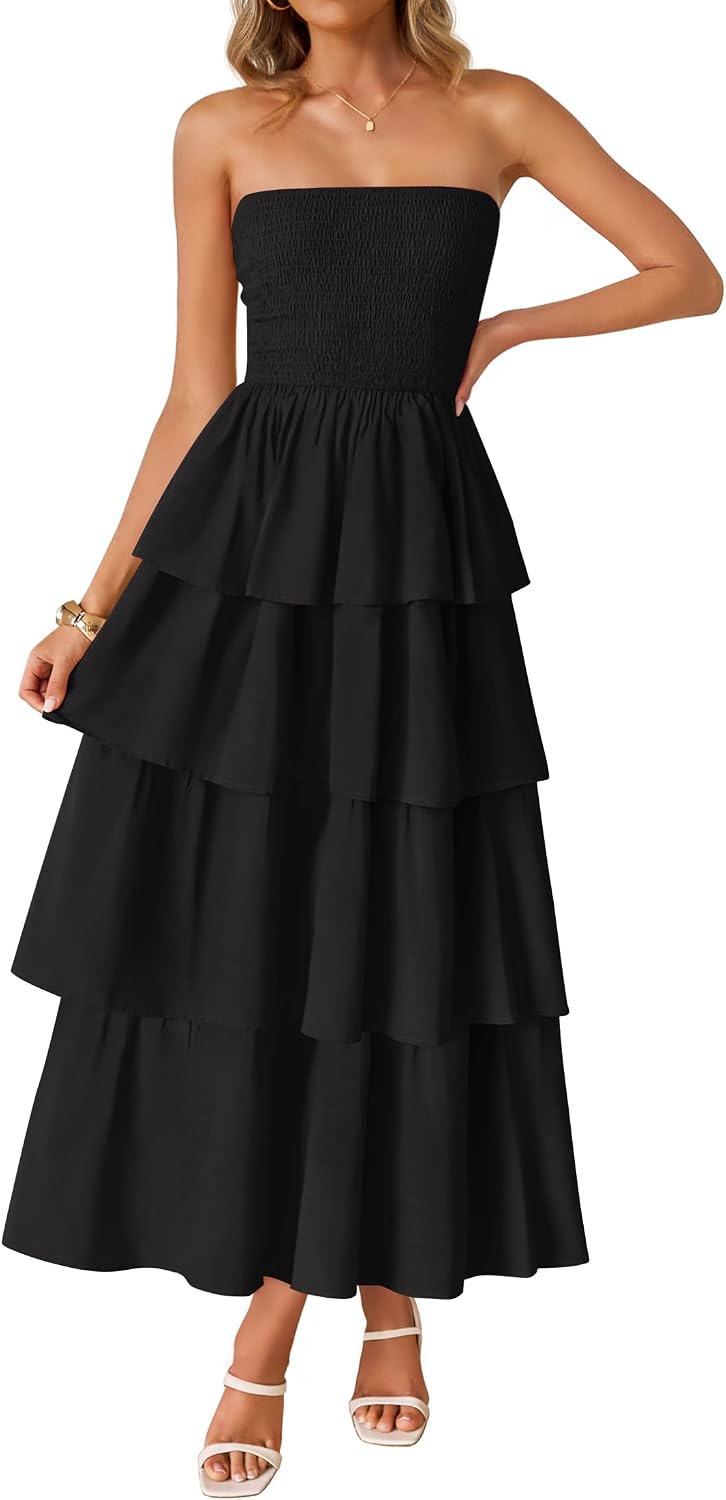 Women‘s Summer Boho Strapless Maxi Dress  Casual Sleeveless Off Shoulder Smocked Tiered Beach Long Sundress