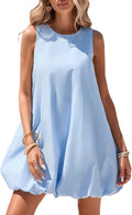 Women Bubble Mini Dress Sleeveless Crewneck Keyhole Tie Back Tank Sundress with Pockets