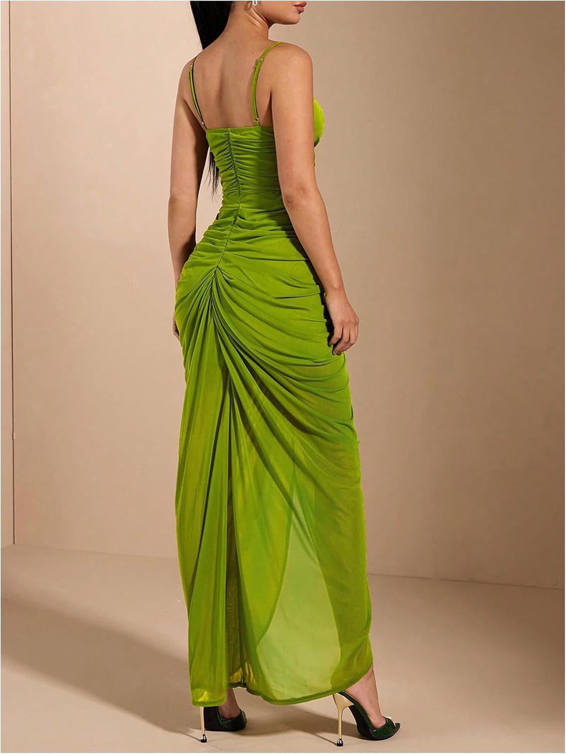 Women Ruffle Ruched Cami Dress Draped Split Elegant Bodycon Maxi Dresses