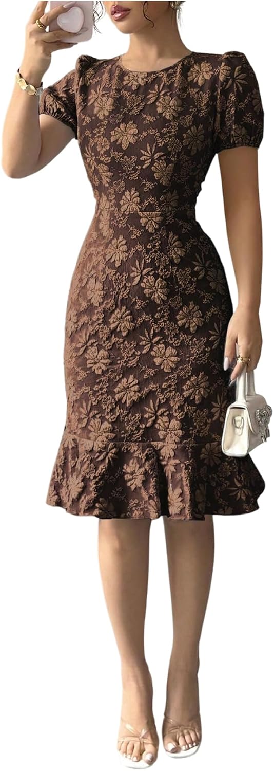 Women Puff Sleeve Ruffle Dress Elegant Jacquard Crew Neck Bodycon Going Out Dresses