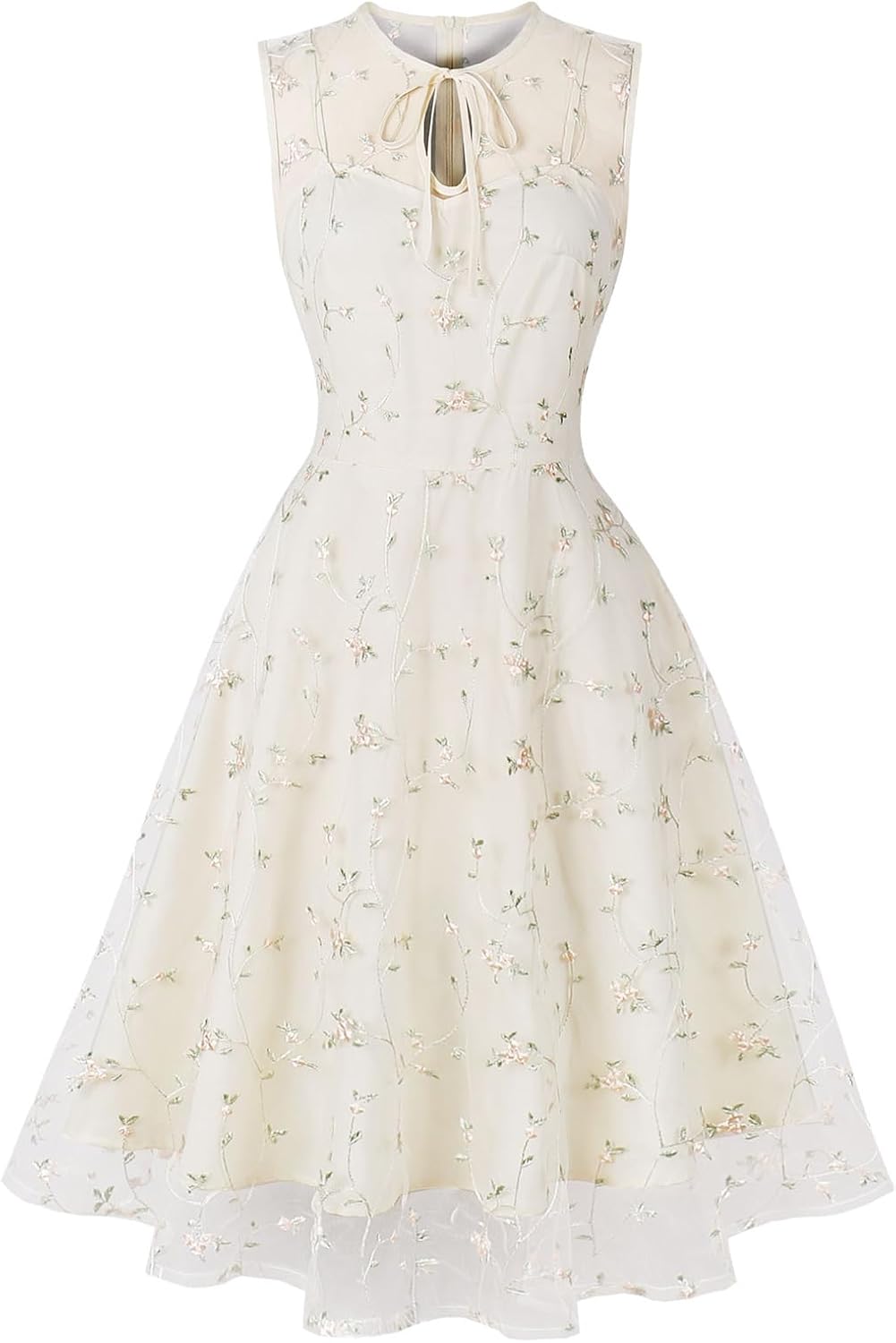 Sleeveless Floral Embroidery Dress for Women Flower Embroidery Tulle Prom Dress Mesh Illusion Keyhole Wedding Party Tea Dress