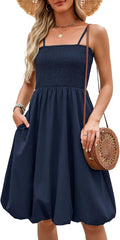 Women Summer Smocked Sun Dress with Pockets  Trendy Spaghetti Strap Boho Beach Casual Midi Bubble Dresses