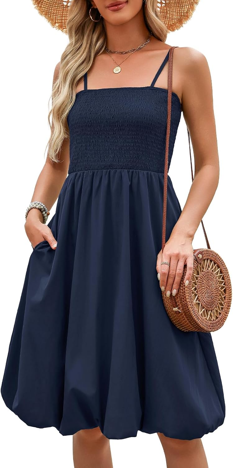 Women Summer Smocked Sun Dress with Pockets  Trendy Spaghetti Strap Boho Beach Casual Midi Bubble Dresses