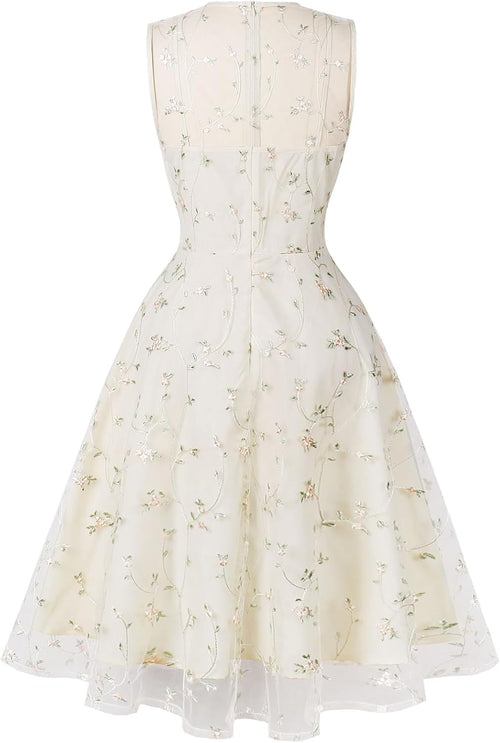 Sleeveless Floral Embroidery Dress for Women Flower Embroidery Tulle Prom Dress Mesh Illusion Keyhole Wedding Party Tea Dress
