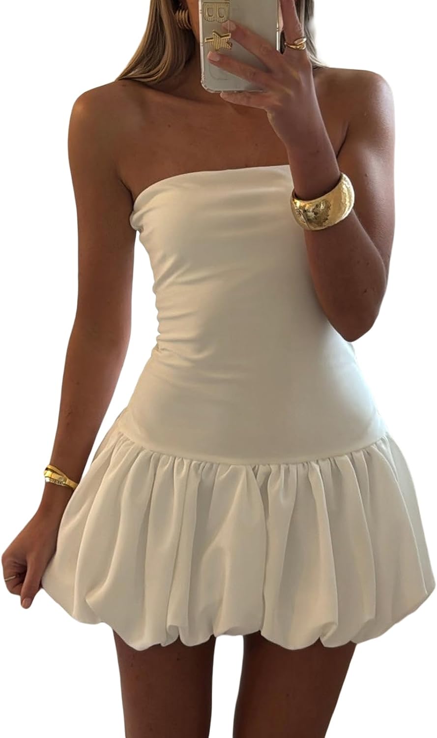 Women Strapless Mini Dress Tube Top Bubble Skirt Off Shoulder Corset Top Balloon Short Dress Club Party