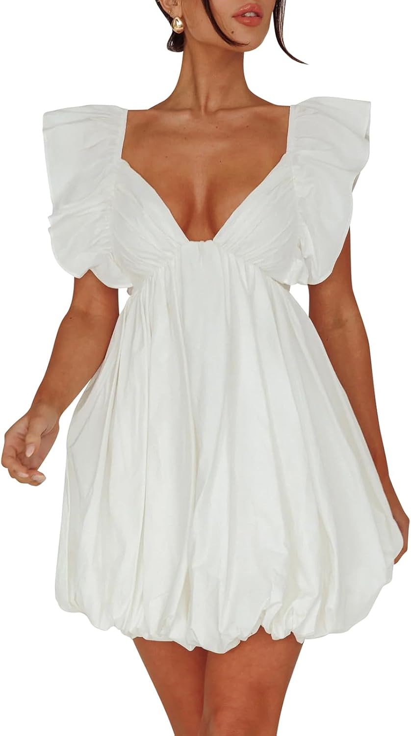 Summer Mini Dress Deep V-Neck Babydoll Dress Bubble Dress Backless Lace Up Sexy Short Dress