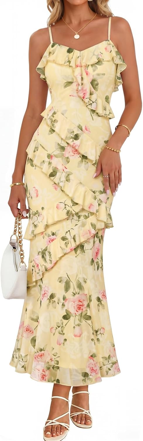 Spring Wedding Guest Dress for Women  Summer Floral Cocktail Party Beach Vacation Ruffle Bodycon Maxi Dresses