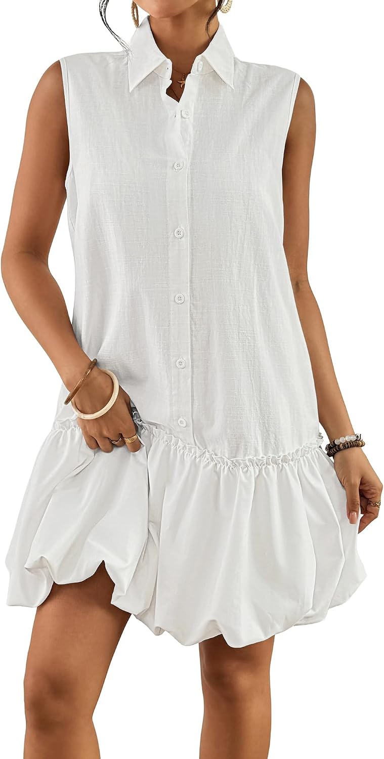 Women Casual Summer Dresses Sleeveless Linen Bubble Mini Short Dress Button Down Shirt Sundress with Pockets