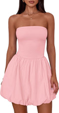 Women Strapless Bubble Mini Dress Summer Tube Top Sundress Casual Off Shoulder A Line Party Short Dresses Vacation