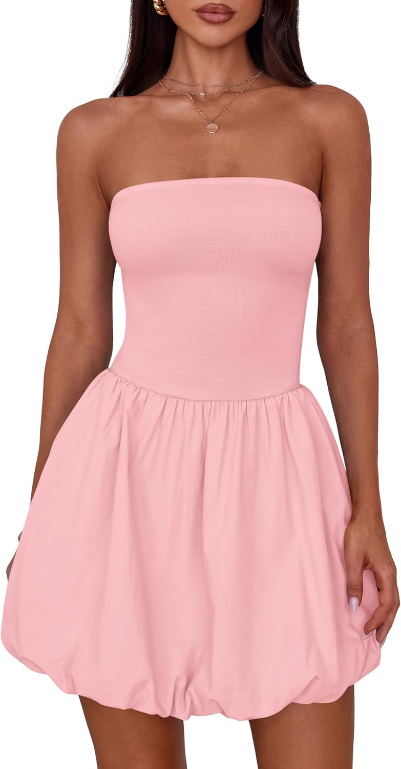 Women Strapless Bubble Mini Dress Summer Tube Top Sundress Casual Off Shoulder A Line Party Short Dresses Vacation