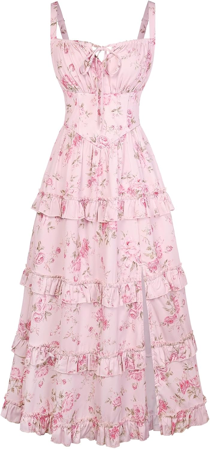 Women Floral Corset Dress  Summer Spring Wedding Guest Dresses Flowy Sundress with Pockets