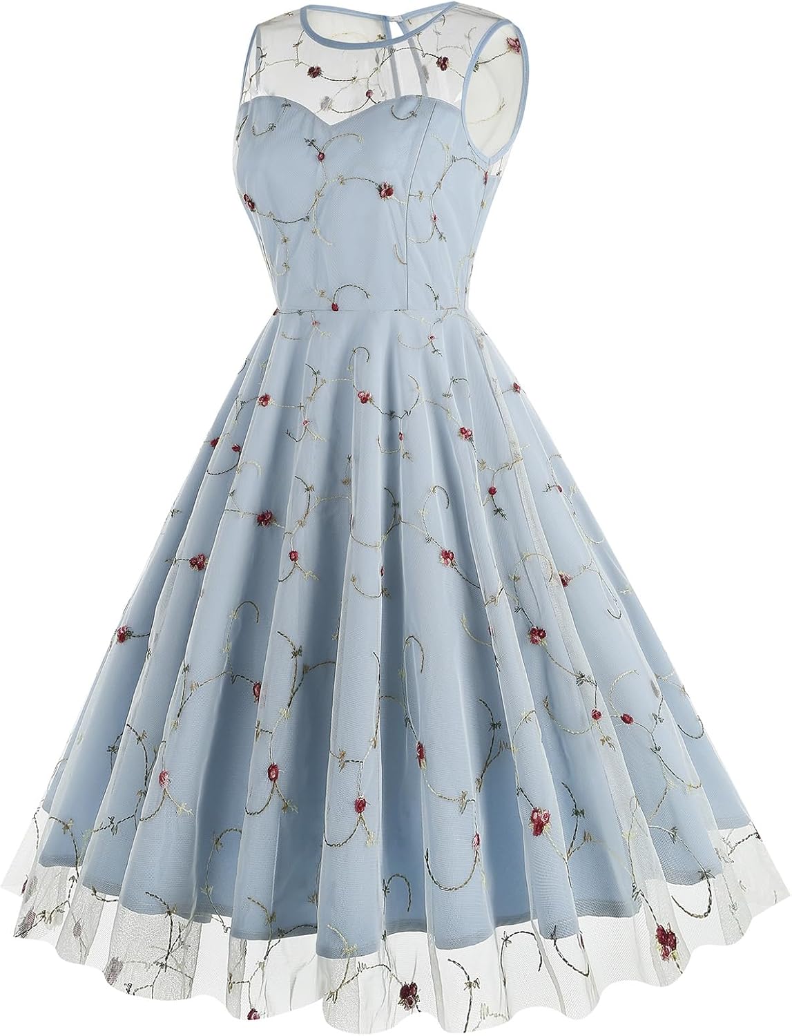 Floral Embroidered Dress for Women Sleeveless Keyhole Floral Mesh Dress Vintage Cocktail Tea Party Embroidered Tulle Dress