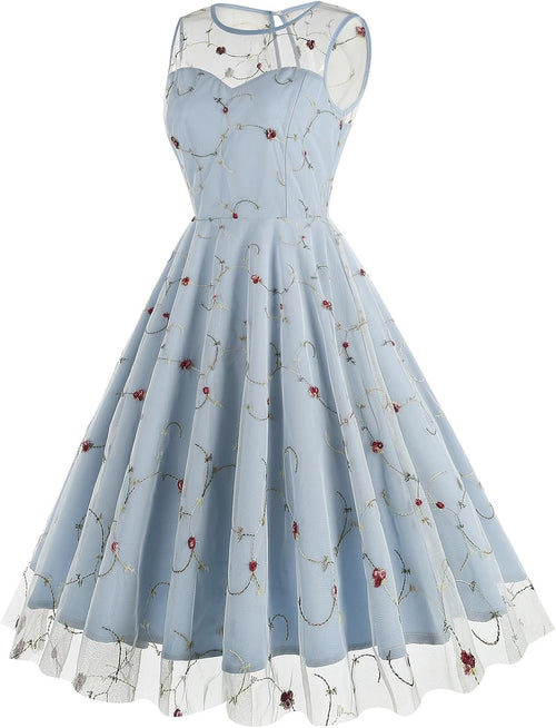 Floral Embroidered Dress for Women Sleeveless Keyhole Floral Mesh Dress Vintage Cocktail Tea Party Embroidered Tulle Dress