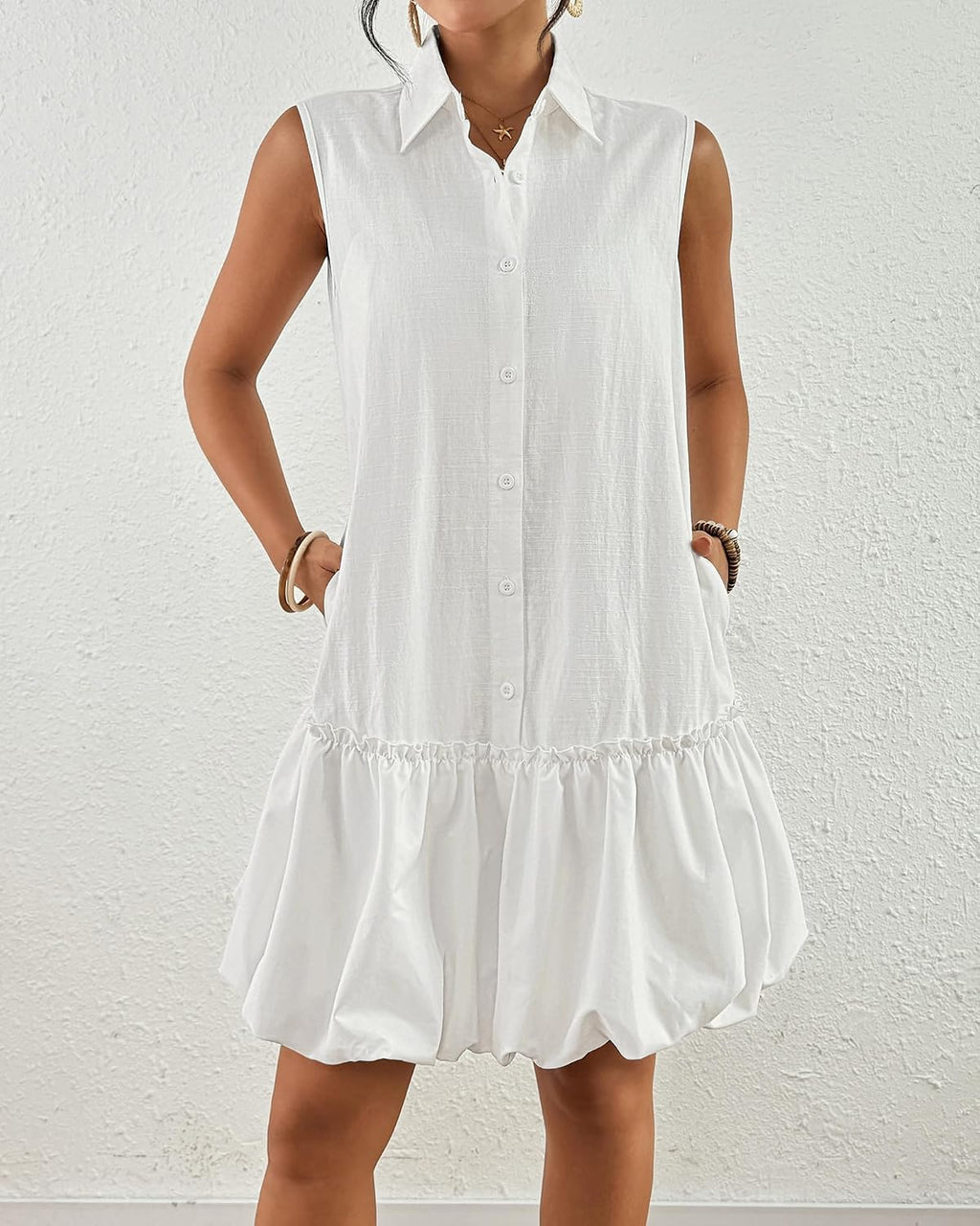 Women Casual Summer Dresses Sleeveless Linen Bubble Mini Short Dress Button Down Shirt Sundress with Pockets