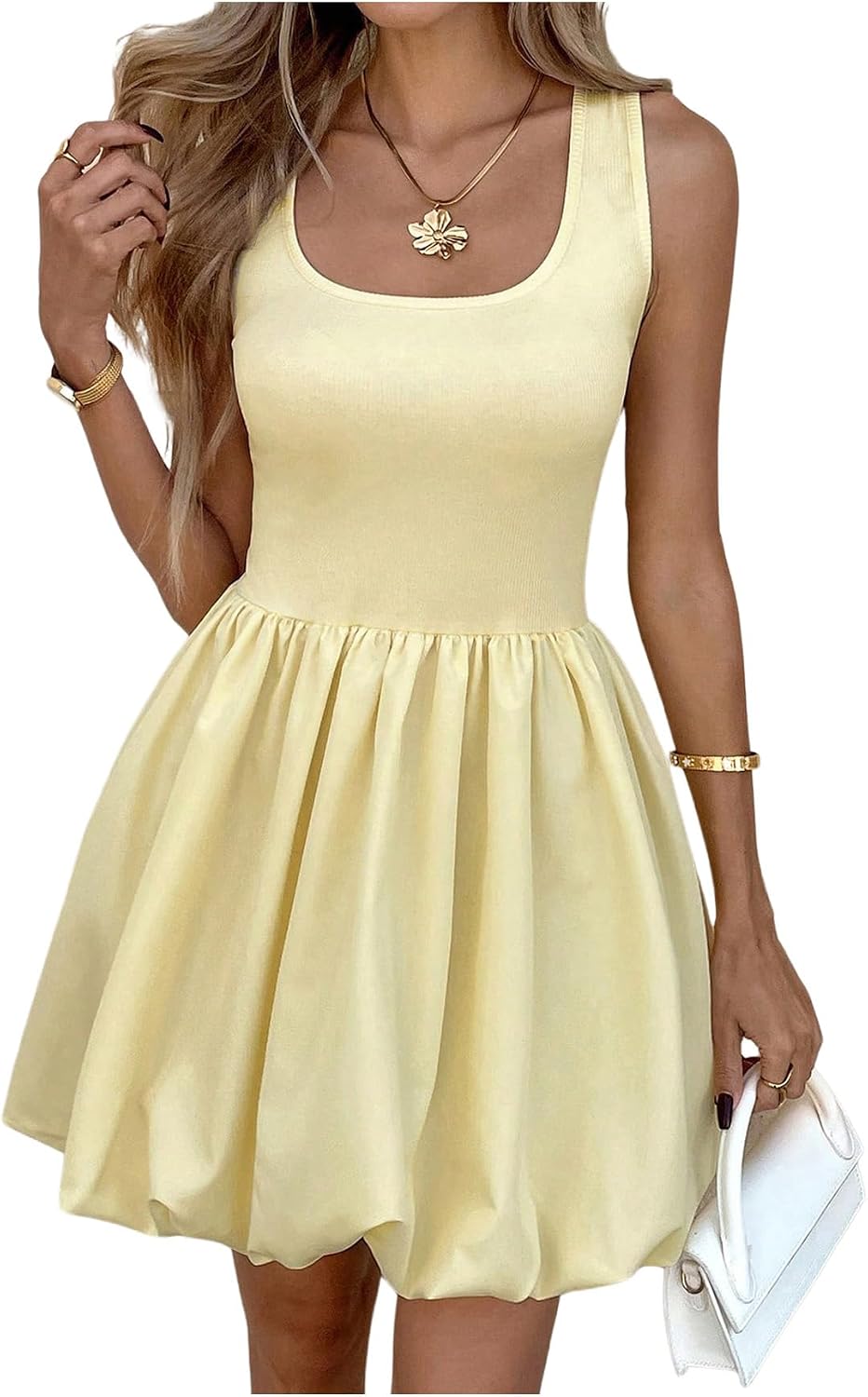 Women Bubble Dress Scoop Neck Sleeveless A Line Summer Short Dresses
