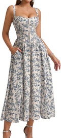 Floral Corset Midi Dress Flowy Slit Summer Spring Wedding Guest Dresses for Women Sundress with Pockets