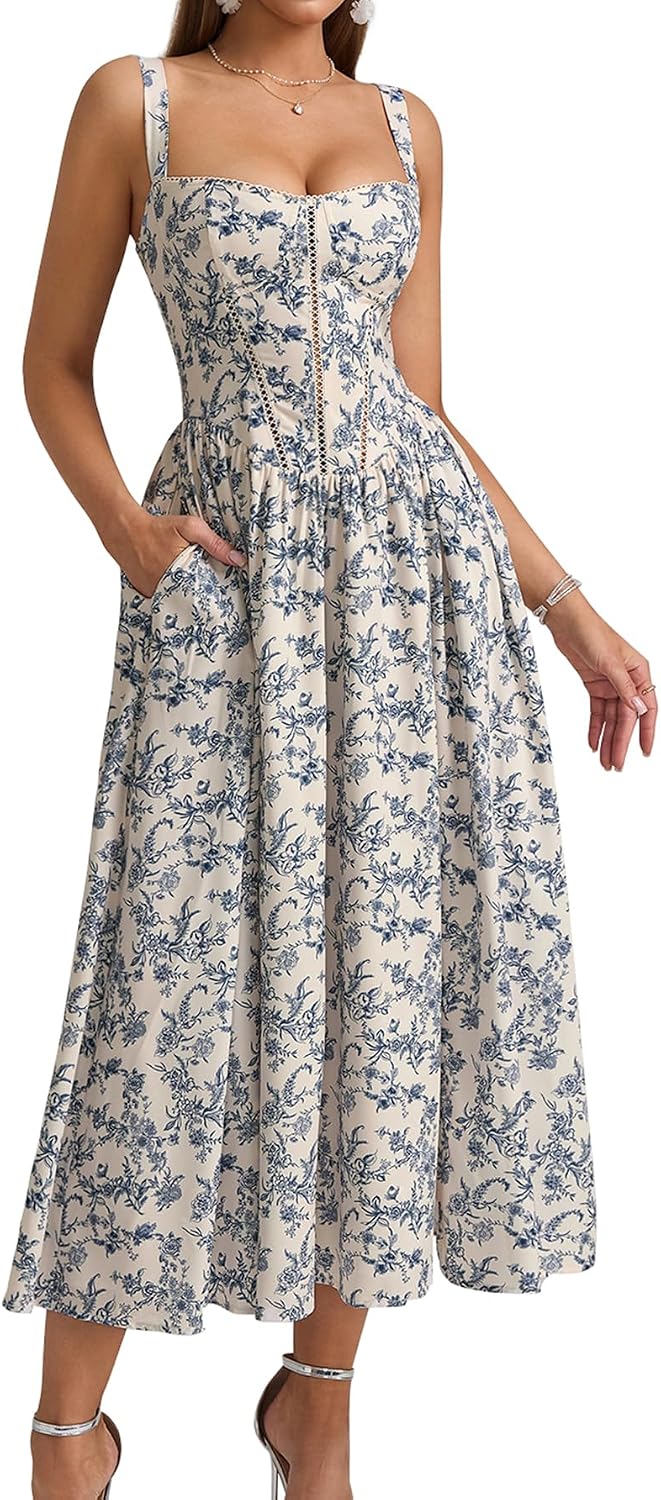 Floral Corset Midi Dress Flowy Slit Summer Spring Wedding Guest Dresses for Women Sundress with Pockets