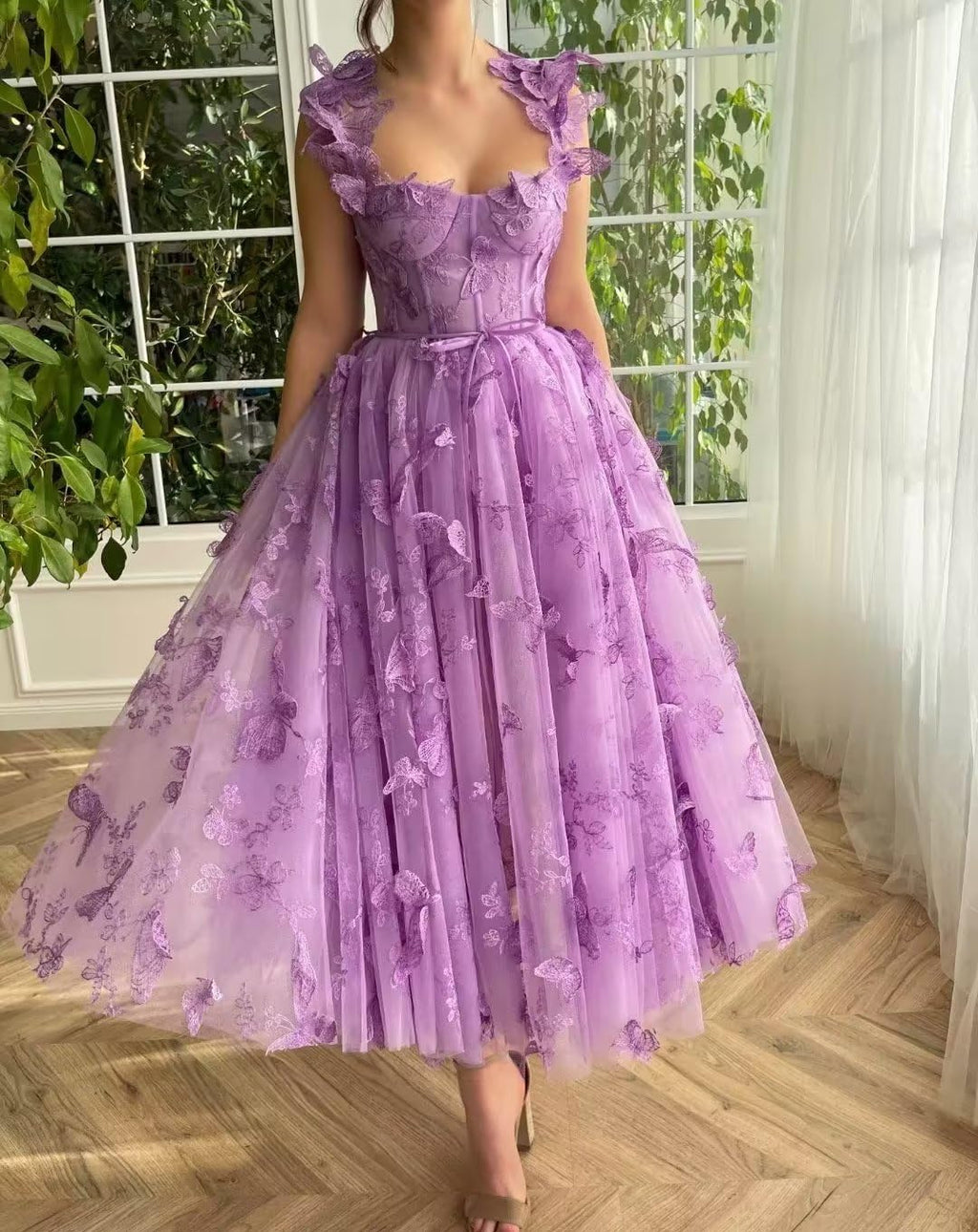 Women Tulle Prom Dresses 3D Butterflies Spaghetti Straps Evening Party Gowns Sweetheart Tea Length Butterfly Dress