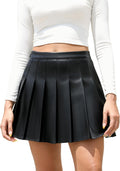 Women Faux Leather Mini Skirt High Waisted A-line Skater Short Pleated Skirts