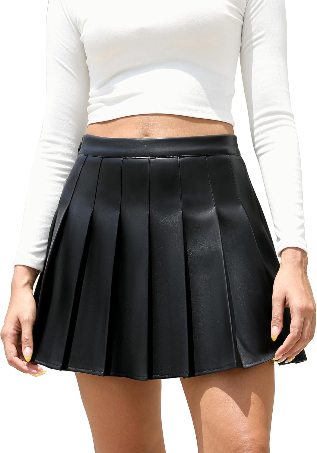Women Faux Leather Mini Skirt High Waisted A-line Skater Short Pleated Skirts