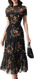 Women Summer Floral Mesh Ruffle Dress Short Sleeve Round Neck Waist Cinched Casual Maxi Wedding Guest Dresses