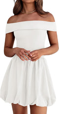 Women Summer Sexy Off Shoulder Bubble Dress  Knit and Woven Cocktail Party Mini Dresses with Pockets