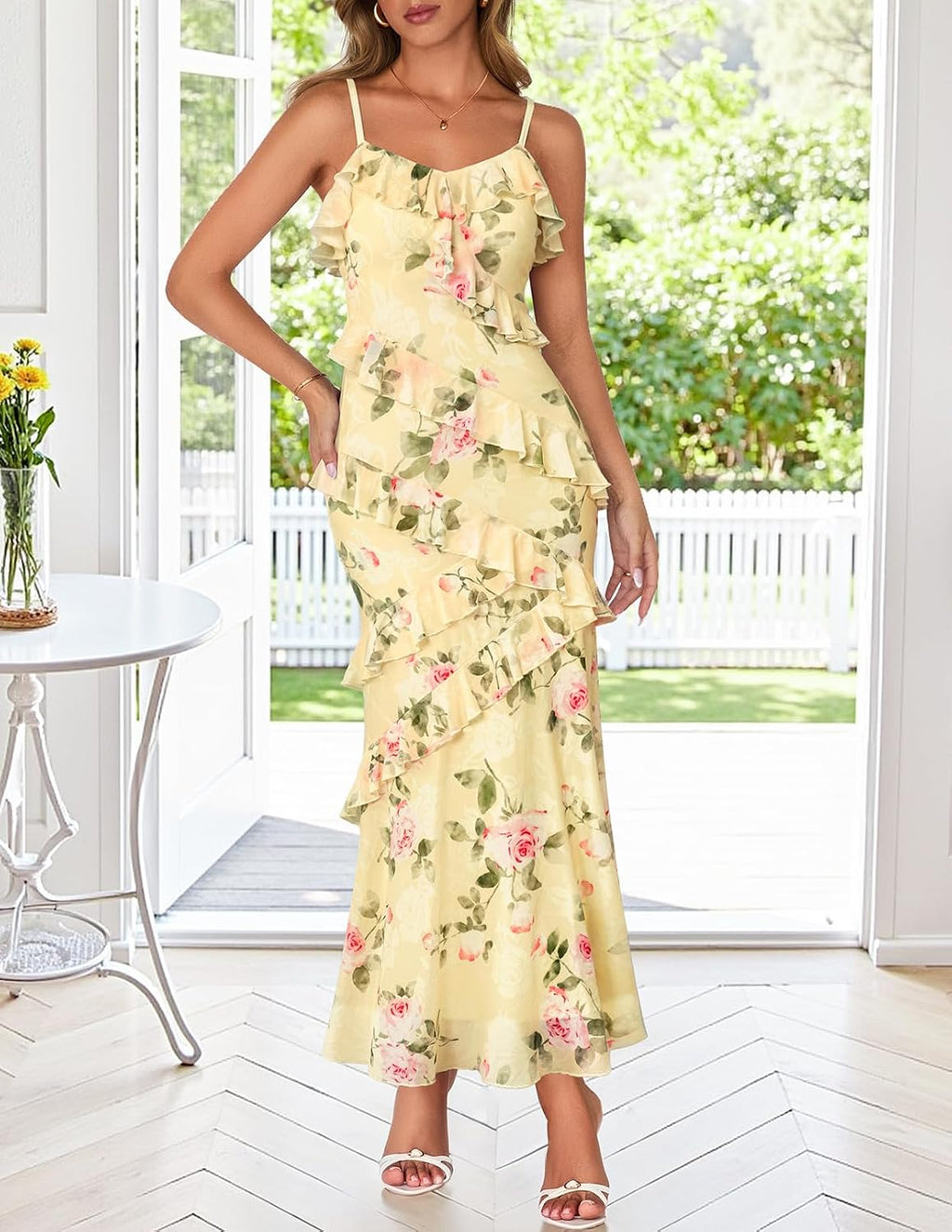 Spring Wedding Guest Dress for Women  Summer Floral Cocktail Party Beach Vacation Ruffle Bodycon Maxi Dresses