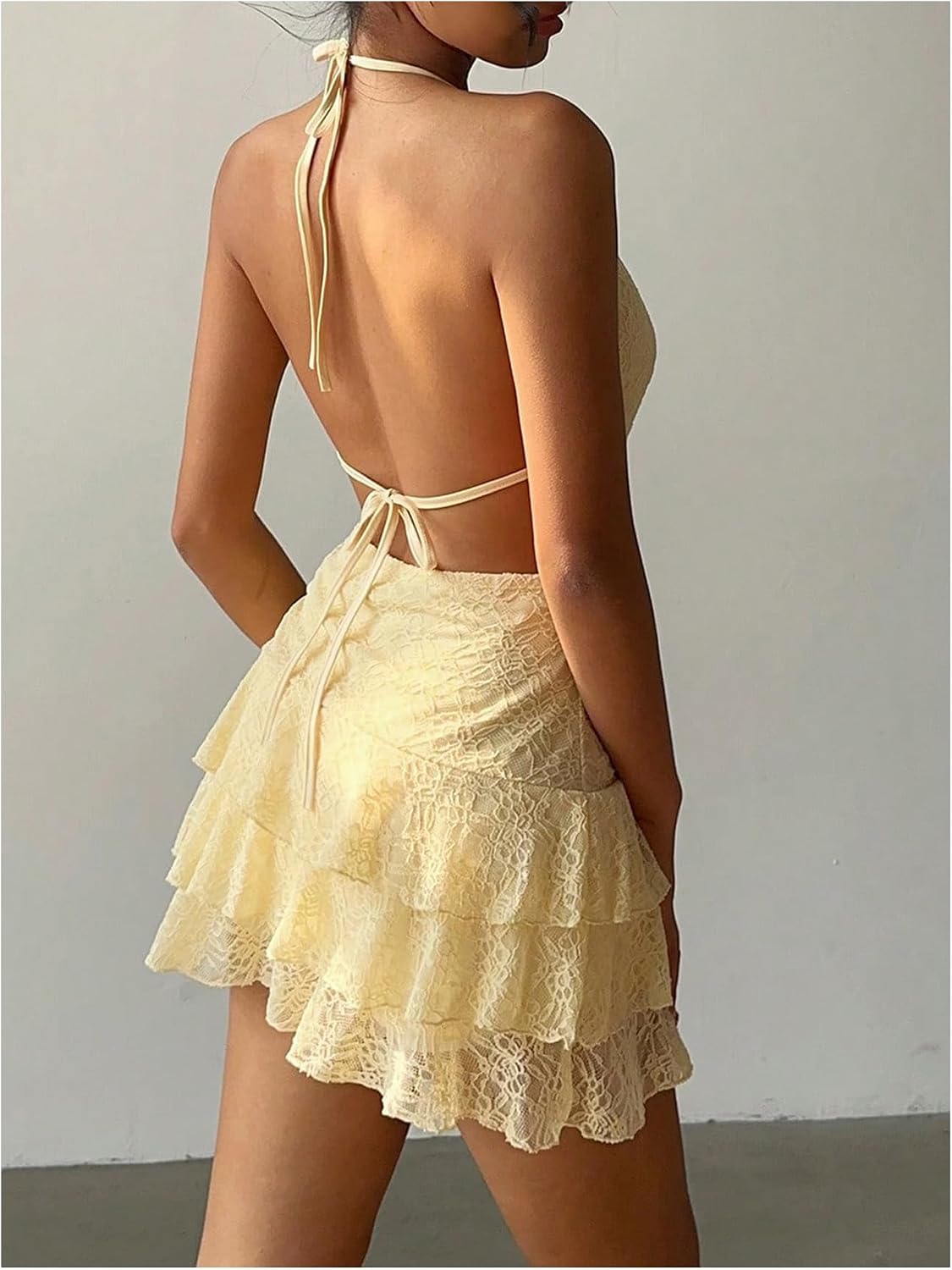 Women Summer Halter Cut Out Mini Dress Floral Lace Ruffle Tiered Boho Sundress