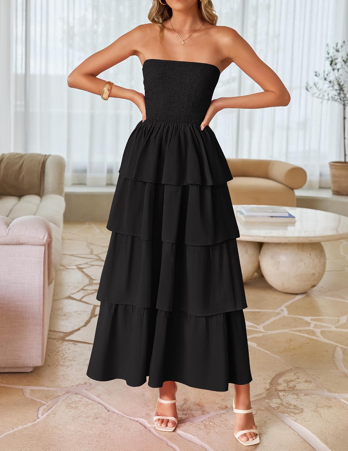 Women‘s Summer Boho Strapless Maxi Dress  Casual Sleeveless Off Shoulder Smocked Tiered Beach Long Sundress