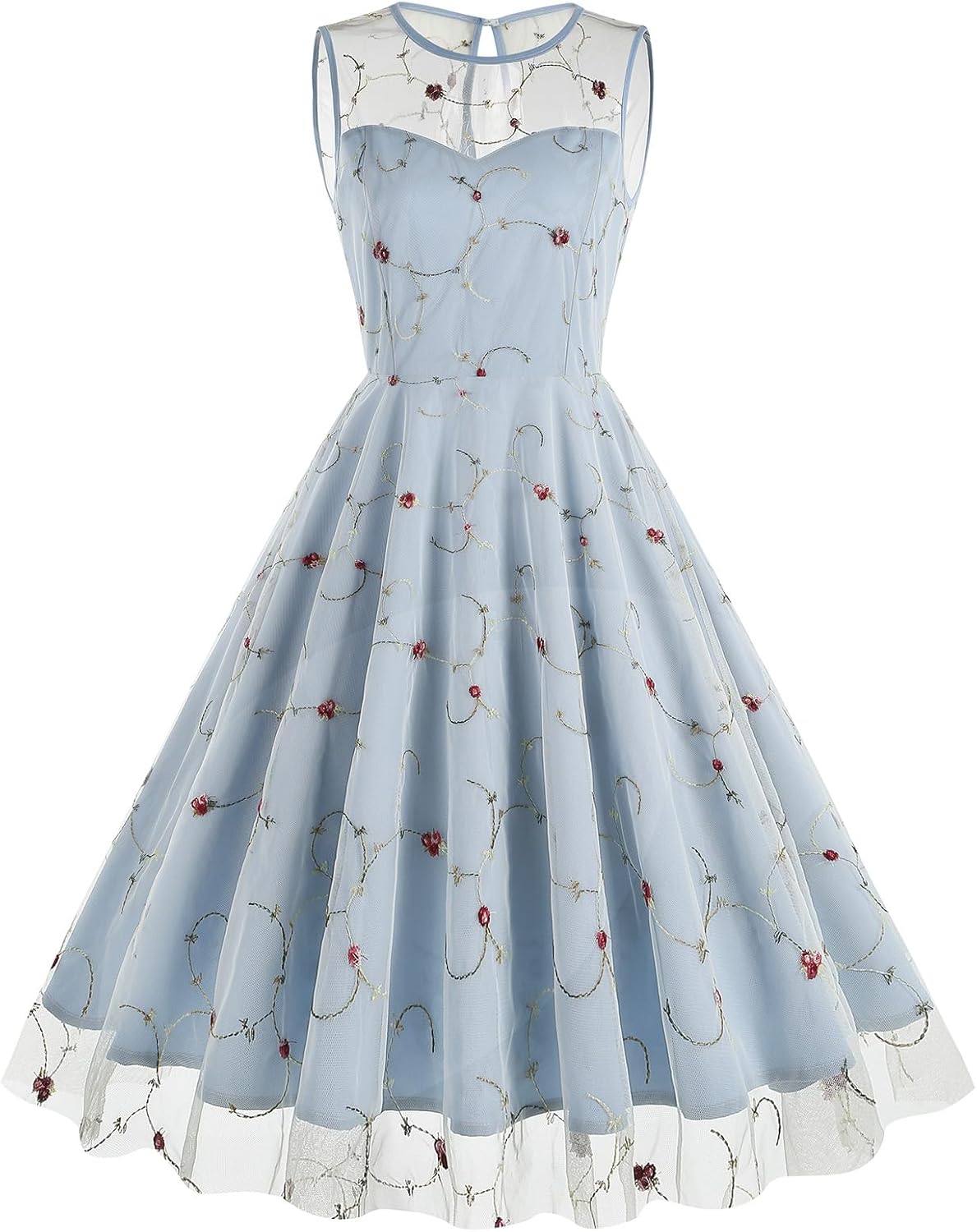 Floral Embroidered Dress for Women Sleeveless Keyhole Floral Mesh Dress Vintage Cocktail Tea Party Embroidered Tulle Dress