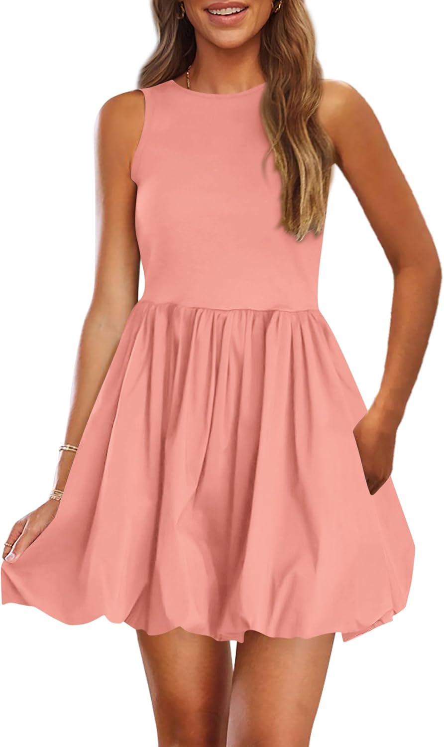 Summer Dresses for Women  Casual Sleeveless Tank Mini Short Dress Crew Neck Bubble Sundress with Pockets
