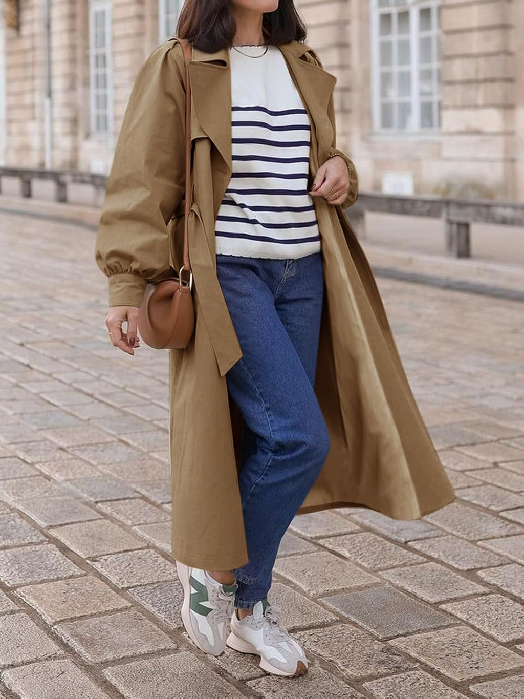 WomenLong Trench Coat Fall Fashion Double Breasted Lapel Overcoat Outerwear with Belt