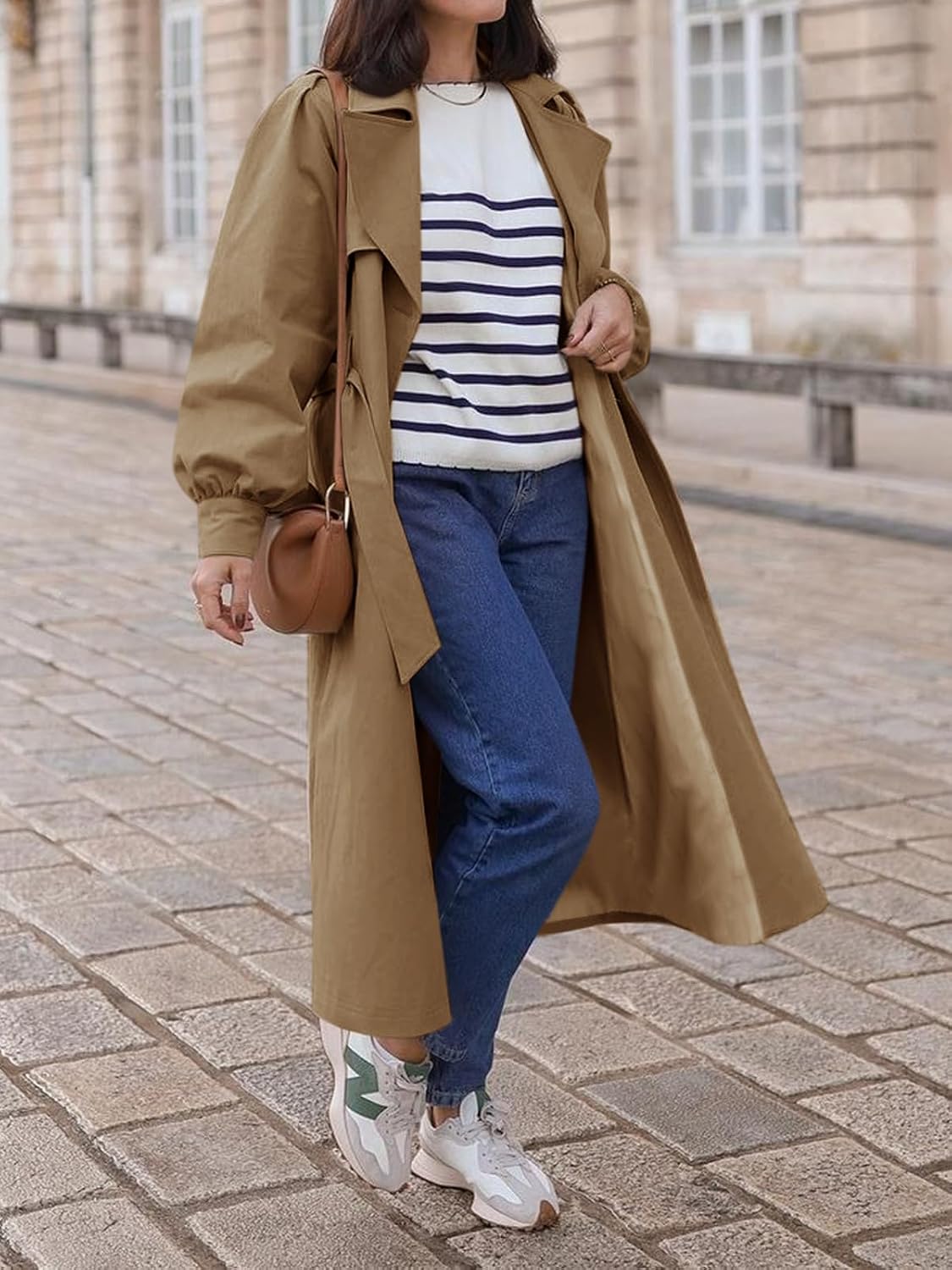 WomenLong Trench Coat Fall Fashion Double Breasted Lapel Overcoat Outerwear with Belt