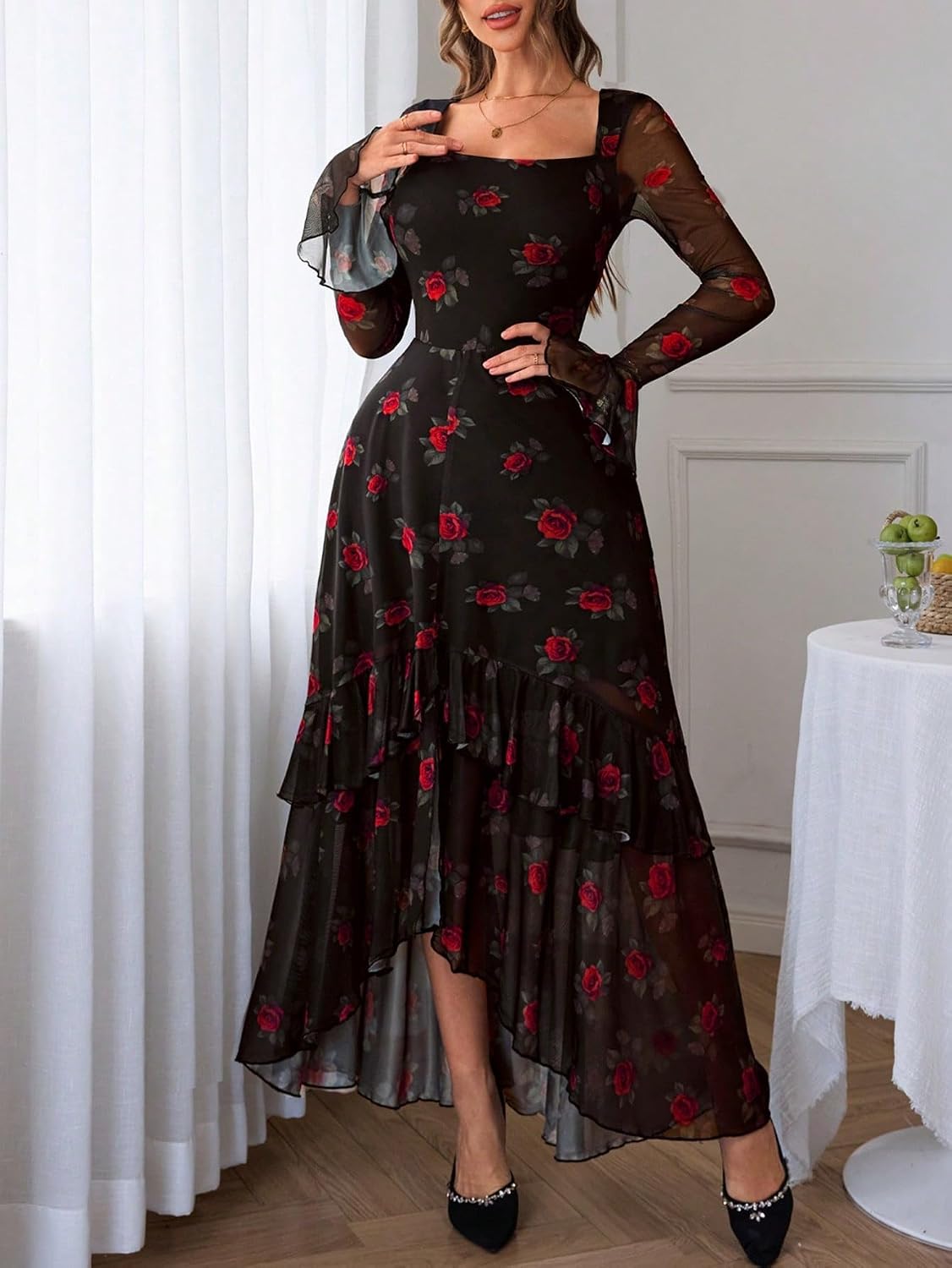 Women Floral Mesh Dress Elegant Long Sleeve Square Neck Double Layer Ruffle Hem Casual Wedding Guest Maxi Dresses