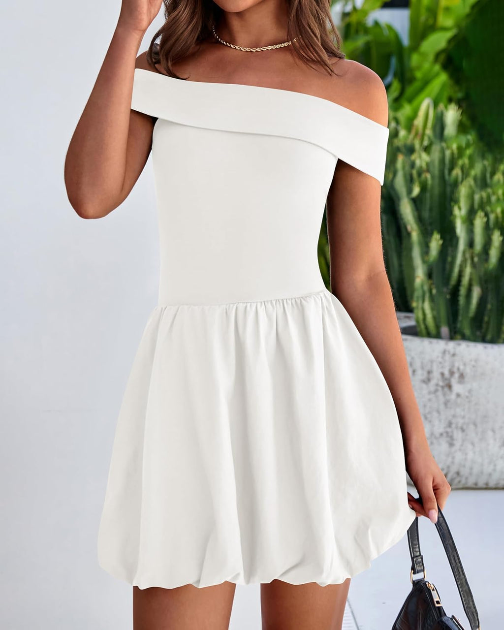 Women Summer Sexy Off Shoulder Bubble Dress  Knit and Woven Cocktail Party Mini Dresses with Pockets