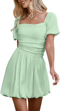 Women Square Neck Short Puff Sleeve Bubble Dress Smocked Ruched Dresses Casual Wear